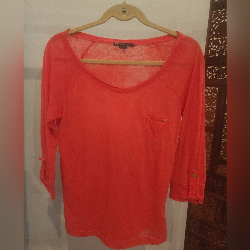 Armani Exchange 3/4 Sleeve Sheer Scoop Neck Coral T-Shirt Size S, Circa 2010